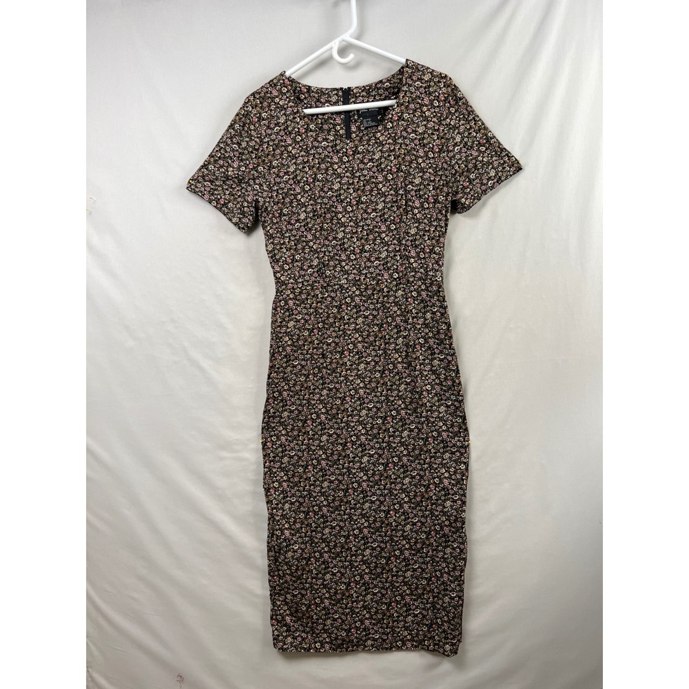 Jamie Brooke Vintage 90s Floral Midi Dress Womens L Black Ditsy Short Sleeve